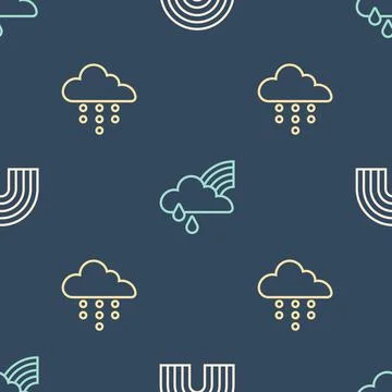 Set line Rainbow, Cloud with rain and cloud and on seamless pattern. Vector Stock Illustration