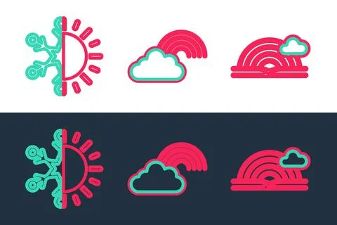 Set line Rainbow with cloud, Sun and snowflake and  icon. Vector Illustrazione stock
