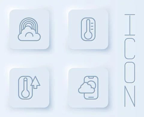 Set line Rainbow with cloud, Thermometer, and Weather forecast app. White square Stock Illustration