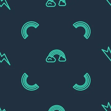Set line Rainbow with clouds,  and Lightning bolt on seamless pattern. Vector Illustrazione stock