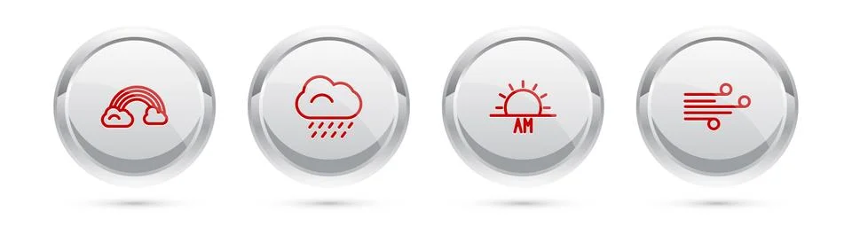 Set line Rainbow with clouds, Cloud rain, Sunrise and Wind. Silver circle button イラスト素材