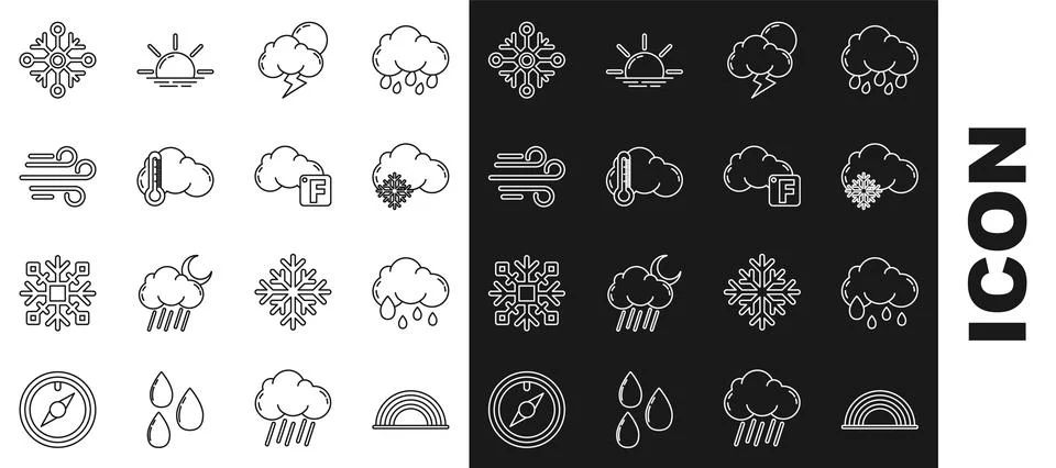 Set line Rainbow with clouds, Cloud rain, snow, Storm, Thermometer and, Wind Stockillustratie