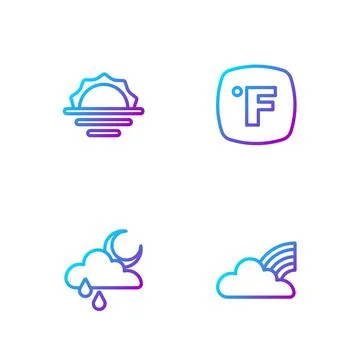 Set line Rainbow with clouds, Cloud rain and moon, Sunrise and Fahrenheit. .. Ilustração Stock