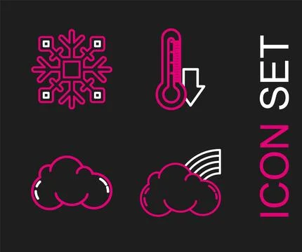 Set line Rainbow with clouds, Cloud, Thermometer and Snowflake icon. Vector 스톡 일러스트