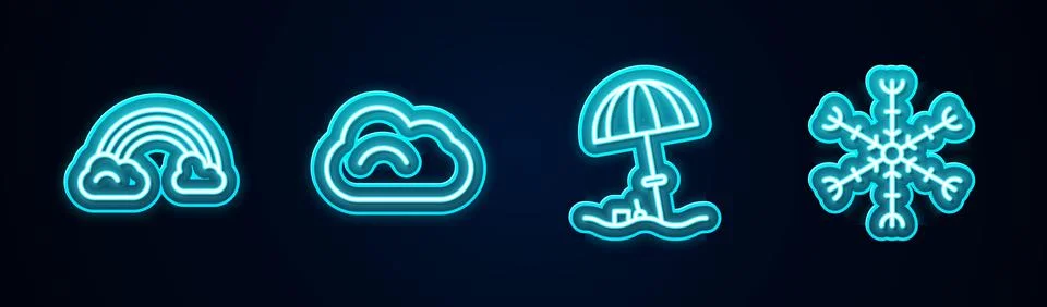 Set line Rainbow with clouds, Cloud, Sun protective umbrella for beach and Sn Stock Illustration