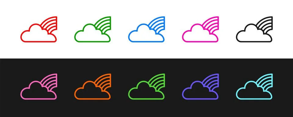 Set line Rainbow with clouds icon isolated on black and white background. Vector Illustrazione stock