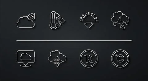 Set line Rainbow with clouds, Location, Cloud rain and lightning, Kelvin, snow Stock Illustration