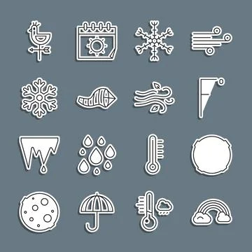 Set line Rainbow with clouds, Moon, Fahrenheit, Snowflake, Cone meteorology Ilustração Stock