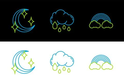 Set line Rainbow with clouds, Moon and stars and Cloud rain icon. Vector Illustrazione stock