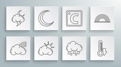 Set line Rainbow with clouds, Moon and stars, Sun weather, Cloud rain, Ther.. Ilustração Stock