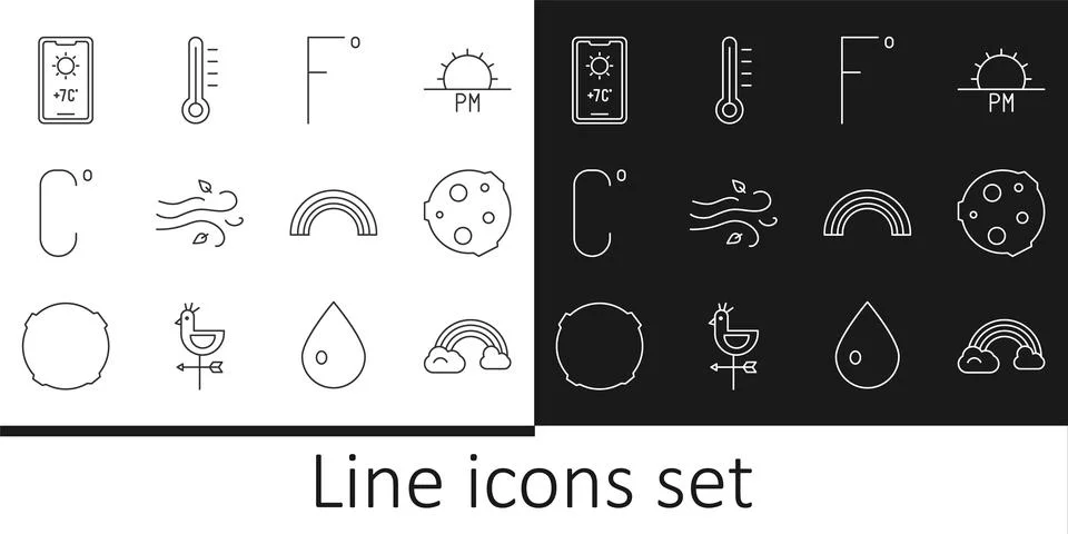 Set line Rainbow with clouds, Moon, Fahrenheit, Wind, Celsius, Weather fore.. Stock Illustration