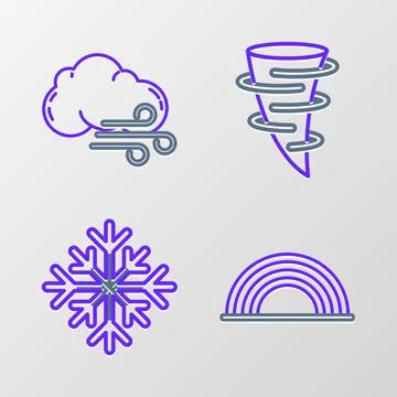 Set line Rainbow with clouds, Snowflake, Tornado and Windy weather icon. Vect Stock Illustration