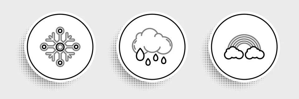 Set line Rainbow with clouds, Snowflake and Cloud rain icon. Vector Stockillustratie