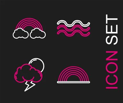 Set line Rainbow with clouds, Storm, Waves and  icon. Vector Stock Illustration