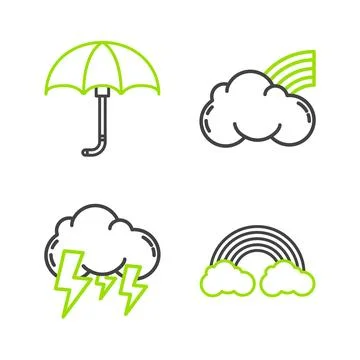 Set line Rainbow with clouds, Storm,  and Classic elegant opened umbrella i.. Illustration
