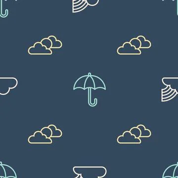 Set line Rainbow with clouds, Sun and weather and Umbrella on seamless pattern Stock Illustration