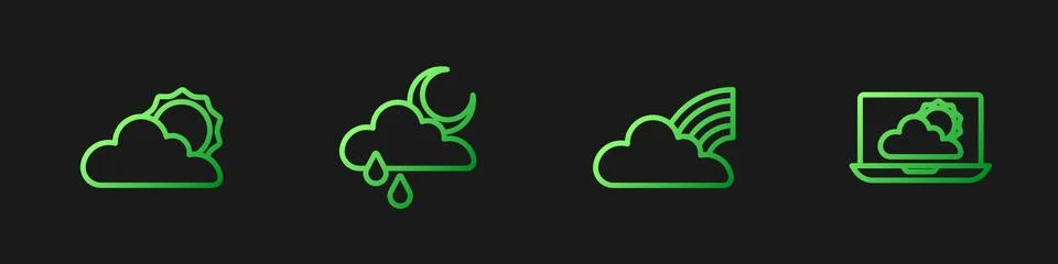Set line Rainbow with clouds, Sun and weather, Cloud rain moon and Weather Ilustração Stock