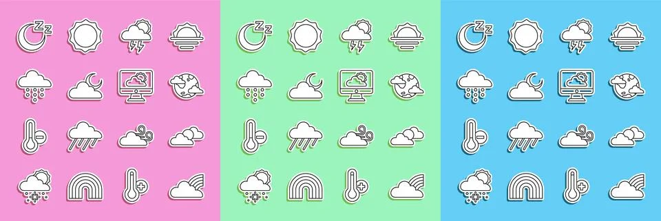 Set line Rainbow with clouds, Sun and weather, Earth planet, Storm, Cloud moon Ilustração Stock
