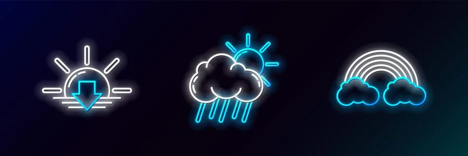 Set line Rainbow with clouds, Sunset and Cloud rain and sun icon. Glowing n.. Stock Illustration