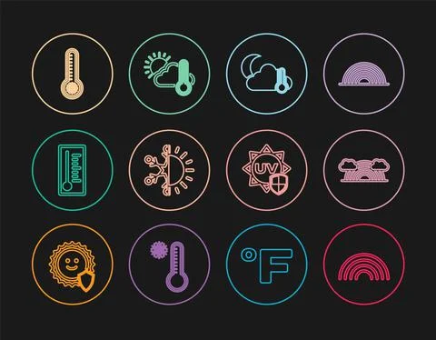 Set line Rainbow, with clouds, Thermometer and cloud, moon, Sun snowflake Ilustração Stock