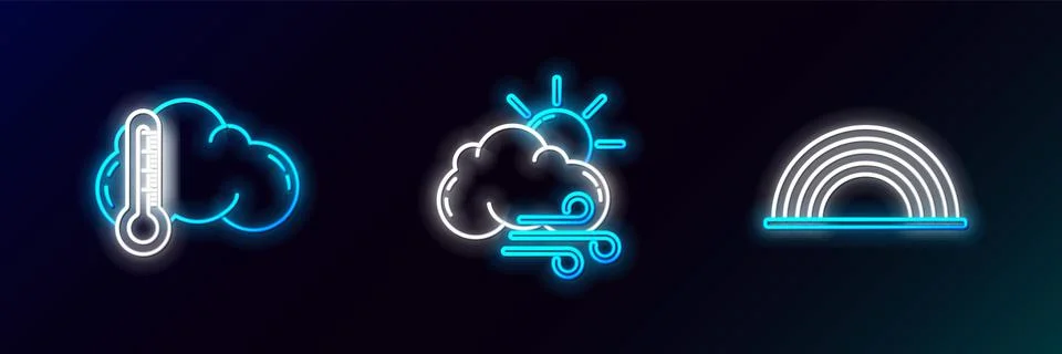 Set line Rainbow with clouds, Thermometer and and Windy weather icon. Glowing Stock Illustration