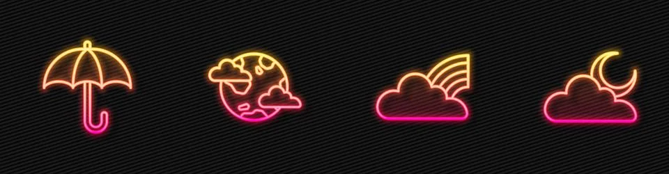 Set line Rainbow with clouds, Umbrella, Earth planet and Cloud moon. Glowin.. Illustration