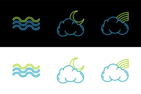 Set line Rainbow with clouds, Waves and Cloud moon and stars icon. Vector Stock Illustration