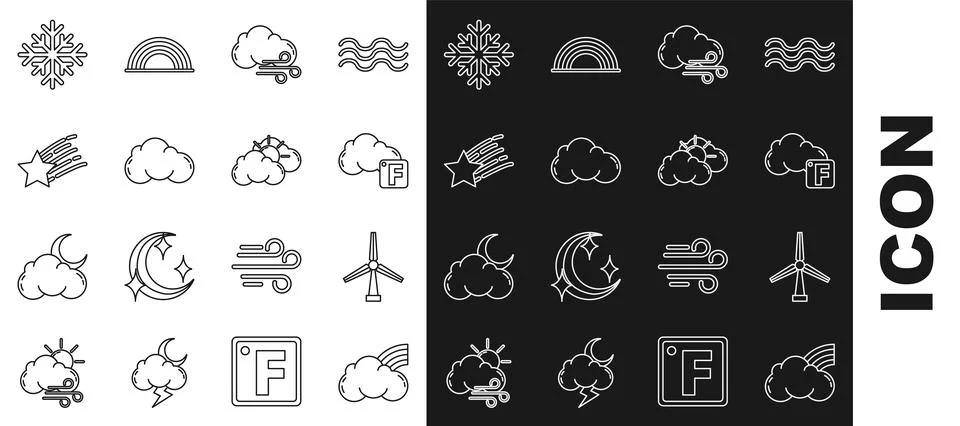 Set line Rainbow with clouds, Wind turbine, Fahrenheit and, Windy weather, Cloud Stock Illustration