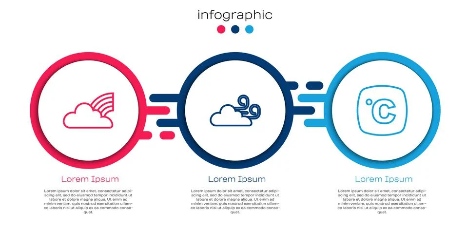 Set line Rainbow with clouds, Windy weather and Celsius. Business infographic Stock Illustration