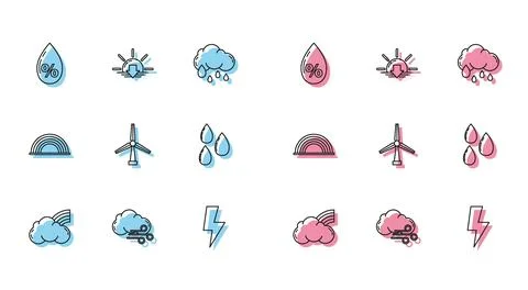 Set line Rainbow with clouds Windy weather Water drop percentage Lightning bo Stock Illustration