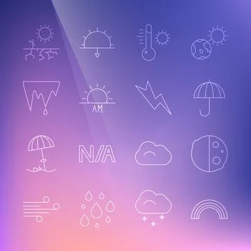 Set line Rainbow, Eclipse of the sun, Umbrella, Meteorology thermometer, Sunrise Illustrazione stock