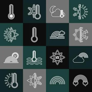Set line Rainbow with heart, cloud, Sun and snowflake, Thermometer moon Ilustração Stock