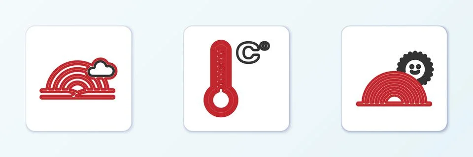 Set line Rainbow with sun, cloud and Meteorology thermometer icon. Vector Stock Illustration