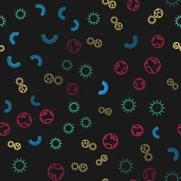 Set line Rainbow, Sun, Earth globe and sun and  on seamless pattern. Vector Stock Illustration