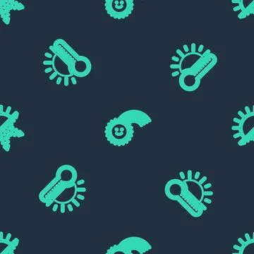 Set line Rainbow with sun, Thermometer and Sun and snowflake on seamless pattern Illustrazione stock