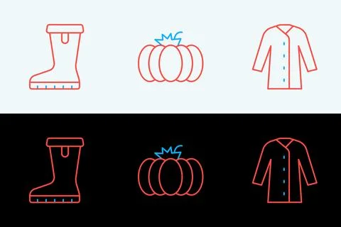 Set line Raincoat, Waterproof rubber boot and Pumpkin icon. Vector Stock-Illustration