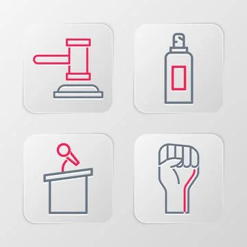 Set line Raised hand with clenched fist, Stage stand or tribune, Paint spra.. Stock Illustration