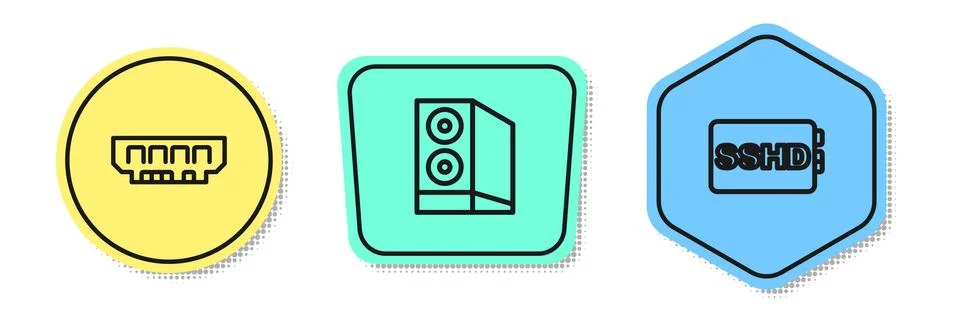 Set line RAM, random access memory, Case of computer and SSHD card. Colored Illustrazione stock