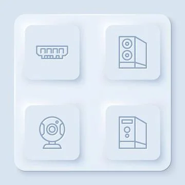 Set line RAM, random access memory, Case of computer, Web camera and . White Illustrazione stock