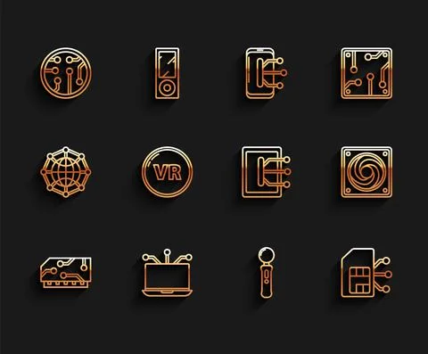 Set line RAM, random access memory, Laptop, Processor, Gamepad, Sim card Stock Illustration
