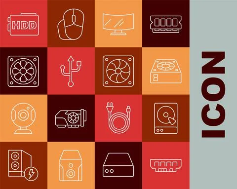 Set line RAM, random access memory, Hard disk drive HDD, Computer cooler Illustrazione stock