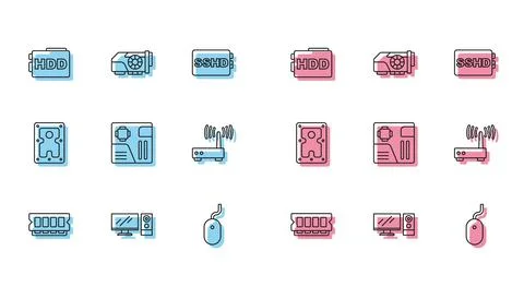 Set line RAM, random access memory, Computer monitor, Hard disk drive HDD, mouse Stock Illustration