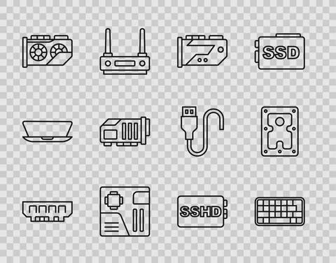 Set line RAM, random access memory, Keyboard, Video graphic card, Motherboard Illustrazione stock