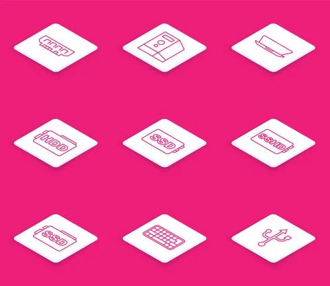 Set line RAM, random access memory, Case of computer, Laptop, Hard disk drive Illustrazione stock