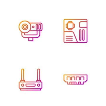 Set line RAM, random access memory, Router wi-fi signal, Web camera and Illustrazione stock