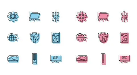 Set line RAM, random access memory, Video game console, Processor, Monitor Illustrazione stock