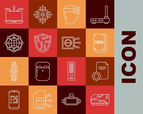 Set line RAM, random access memory, File document, Hard disk drive HDD, Virtual Stock Illustration