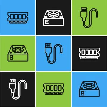 Set line RAM, random access memory, USB cable cord and Computer cooler icon Stock Illustration