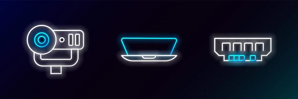 Set line RAM, random access memory, Web camera and Laptop icon. Glowing neon Illustrazione stock