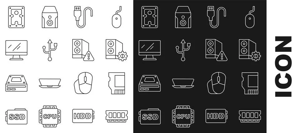 Set line RAM, random access memory, SD card, Case of computer, USB cable cord 스톡 일러스트